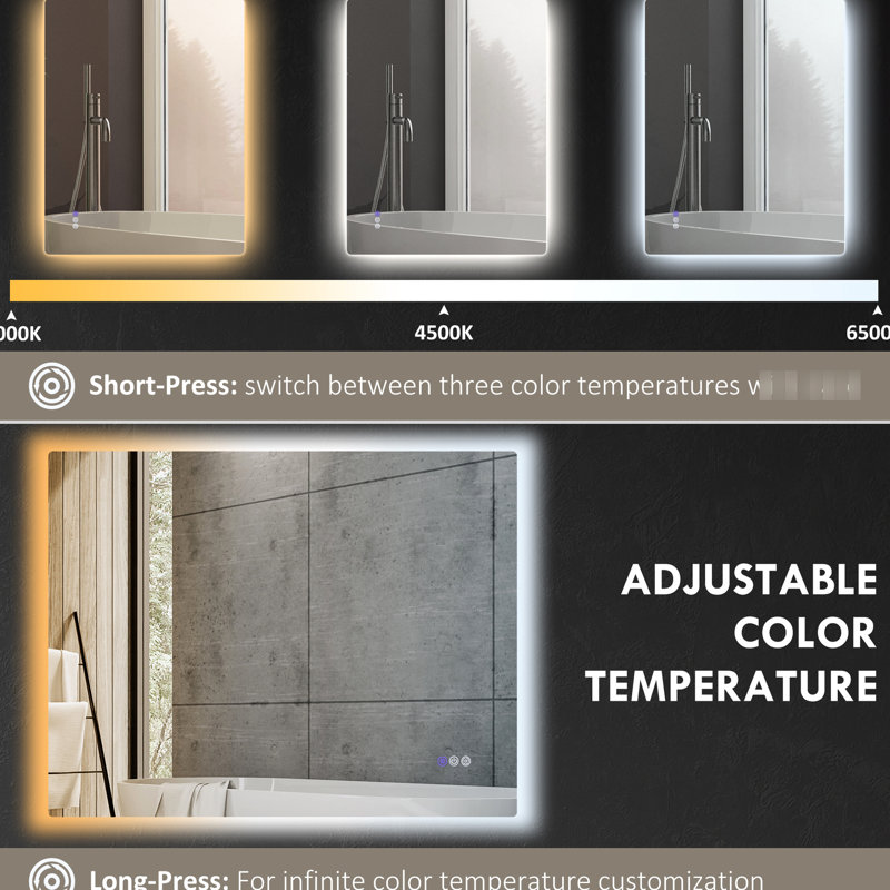 Miroir de meuble-lavabo 39 po x 32 po avec brouillard, intensité variable, température de couleur réglable, fixation murale, fonction de mémoire, horizontal / vertical, verre transparent, éclairage DEL à cadre en aluminium, fonction,
