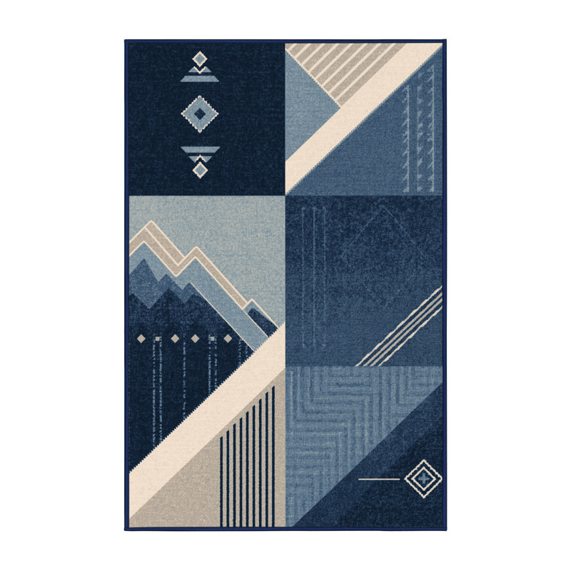 Tapis moelleux moelleux bleu à motif de blocs d'inspiration mondiale Eberhard, 5 x 8