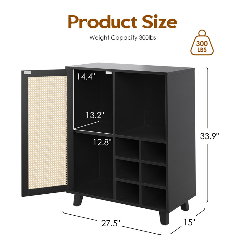 Armoire d'appoint en rotin avec tablettes réglables, Noir, noir, noir, noir