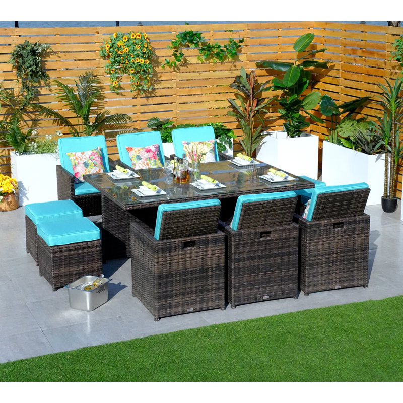 10 - Person Wicker Patio Dining Set with Rectangular Table , Cushions Included, Brown, Cyan
