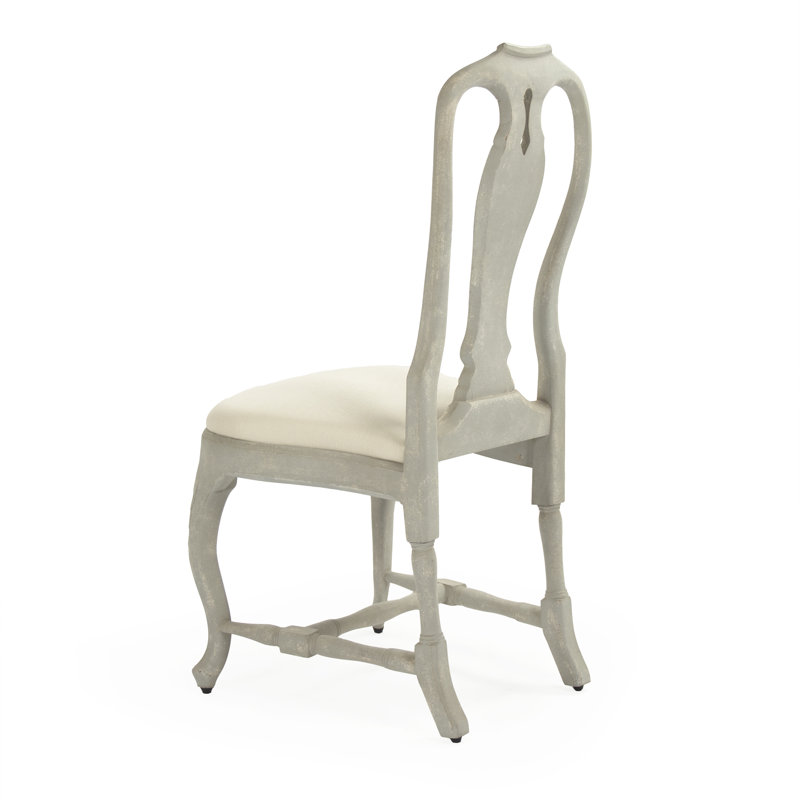 Distressed Grey Blue Queen Anne Upholstered Side Chair in Off-White Linen
