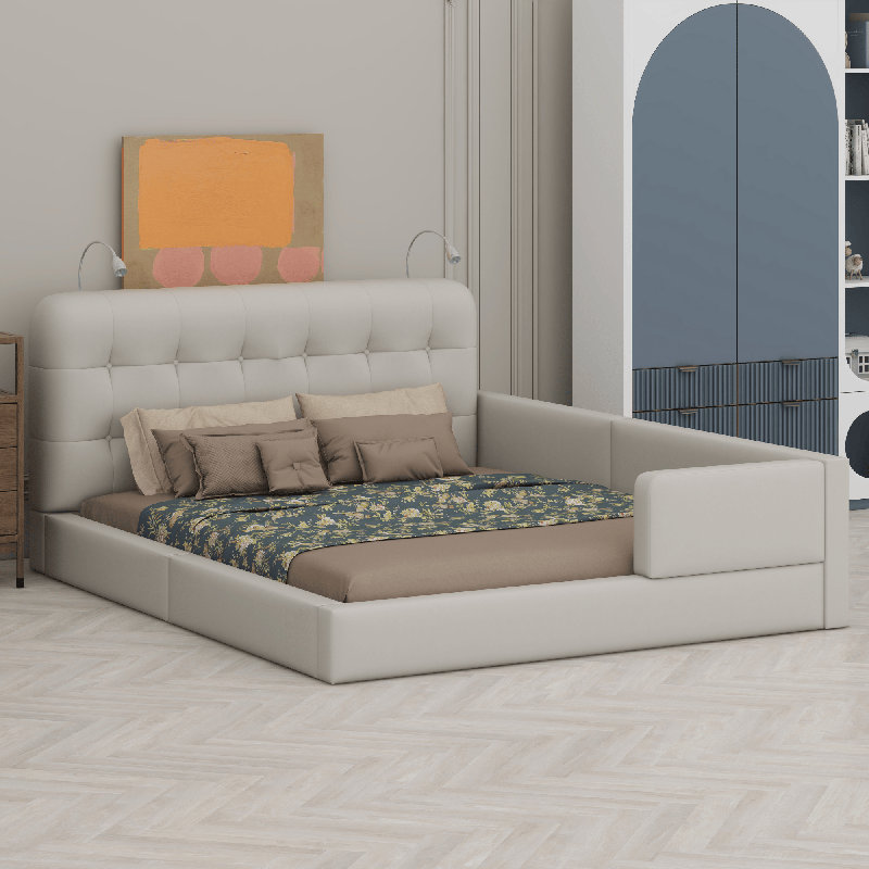 Lit plateforme tapissier avec lampes de lecture, White