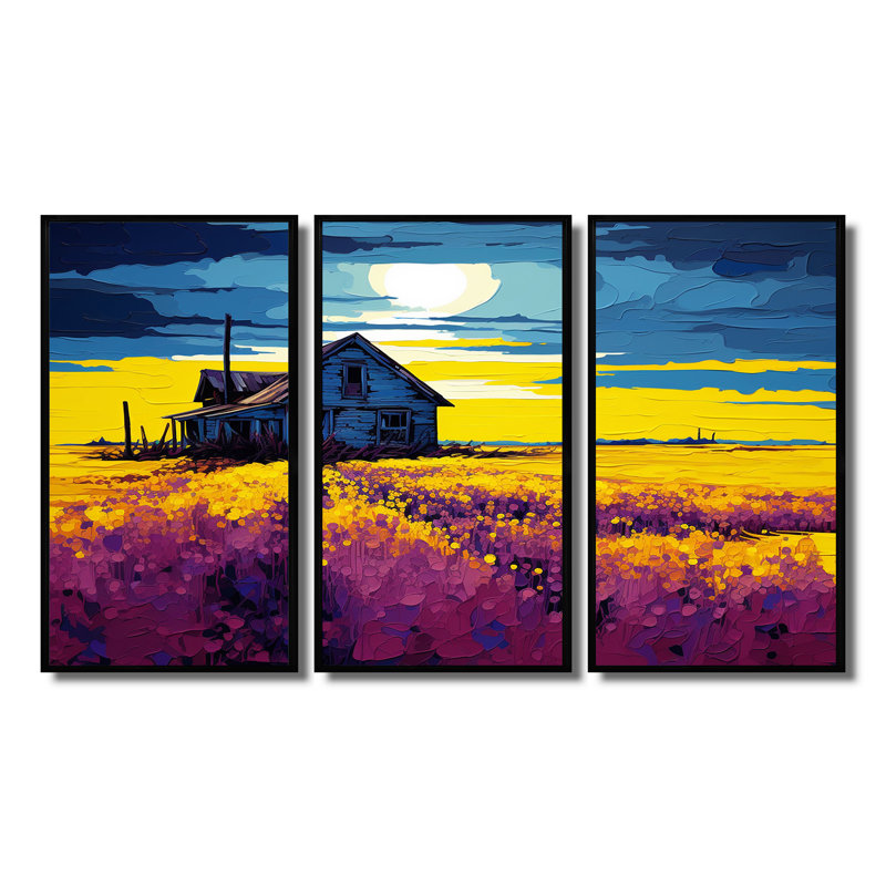 «White Country House Lavender Field Sunset», ensemble d'art mural paysage, H 28 po x l 36 po x P 1 po, Cadre flottant noir