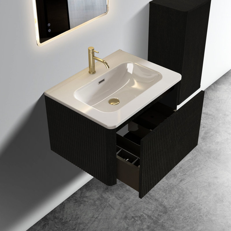 24" Bathroom Vanity - Striped Brushed Black Oak, White Ceramic Sink Modern Feature Oak Texture, Fashionable, Black, 24"