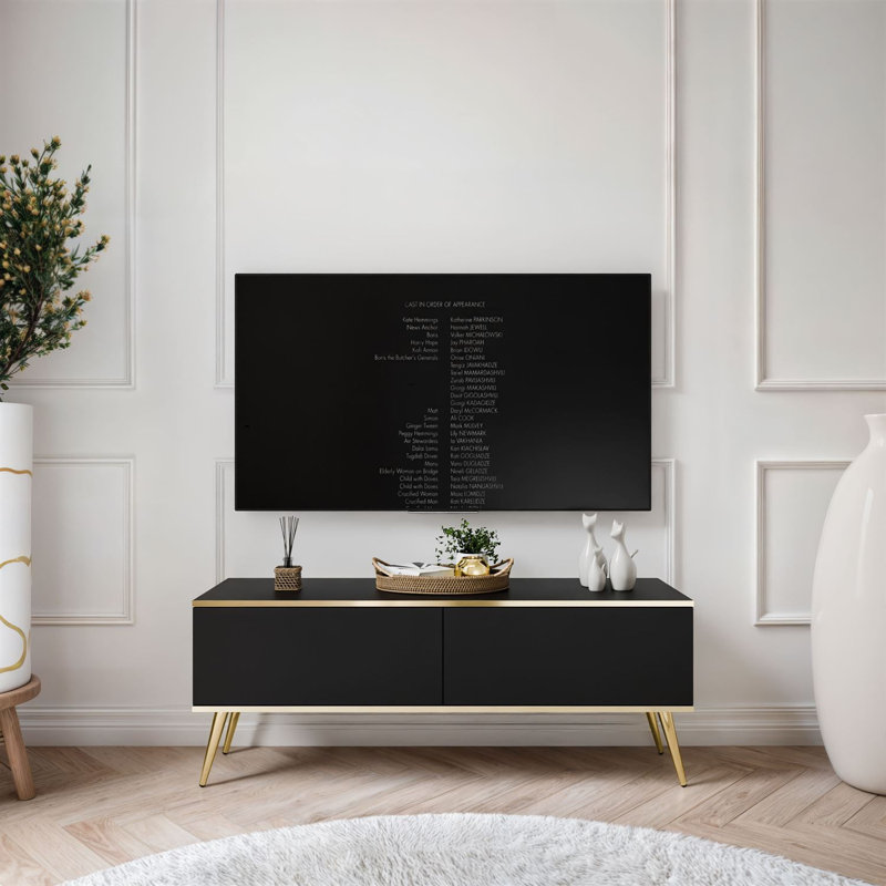 OXFORD III TV Stand with Golden Legs, Black, 53cm H x 135cm L x 32cm W