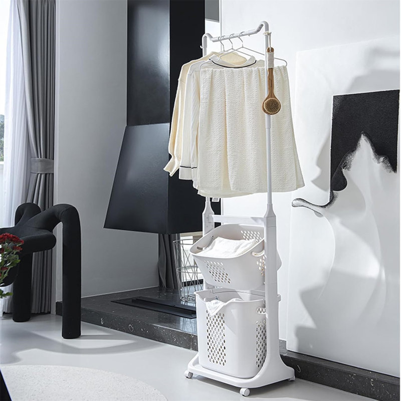 Trieur à linge à 2 niveaux avec tringle à linge - Chariot à linge empilable avec paniers et roues amovibles pour petits espaces, dortoir, salle de bain, rangement pour garde-robe