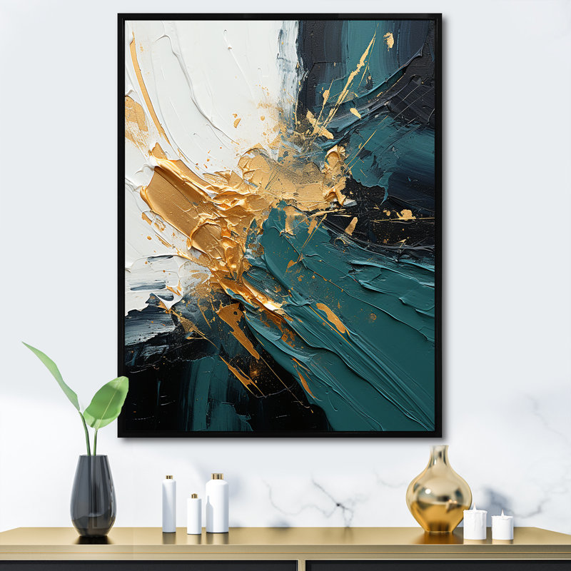 Or et vert cascade de marbre blanc V - art mural abstrait, Cadre flottant noir, H 44 po x l 34 po x P 1,5 po