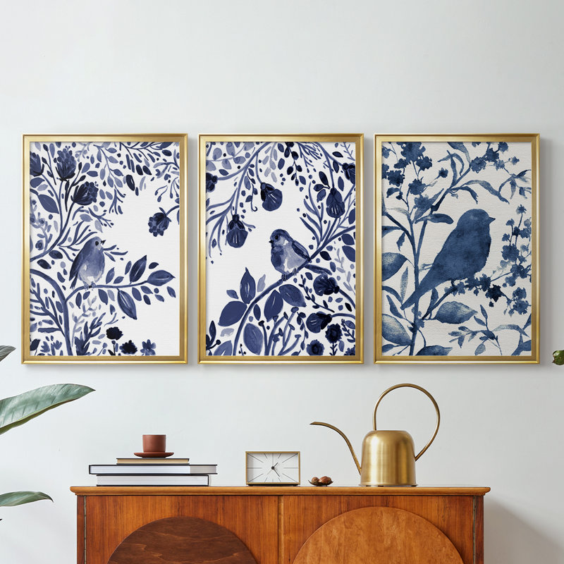 Indigo Song I - Toile tendue avec châssis sur mesure - 3 pièces, H 30 po x l 63 po, Doré