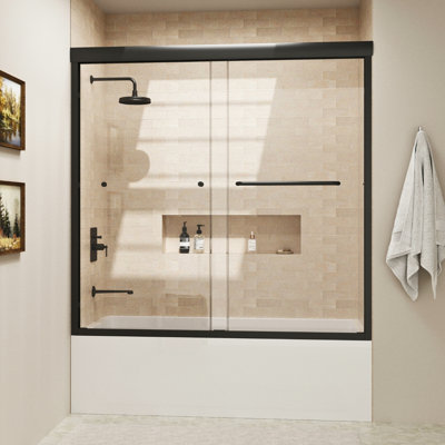 Porte de baignoire coulissante double demi-cadre l 56 à 60 po x H 58 po, porte de baignoire avec verre trempé 1/4 po et quincaillerie en acier inoxydable