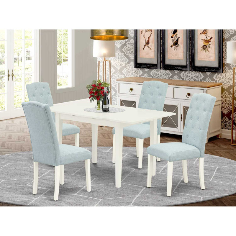5 Piece Kitchen Table Set for 4 Includes a Rectangle Dining Table with Butterfly Leaf and 4 Baby Blue Linen Fabric Parson Chairs, Linen White