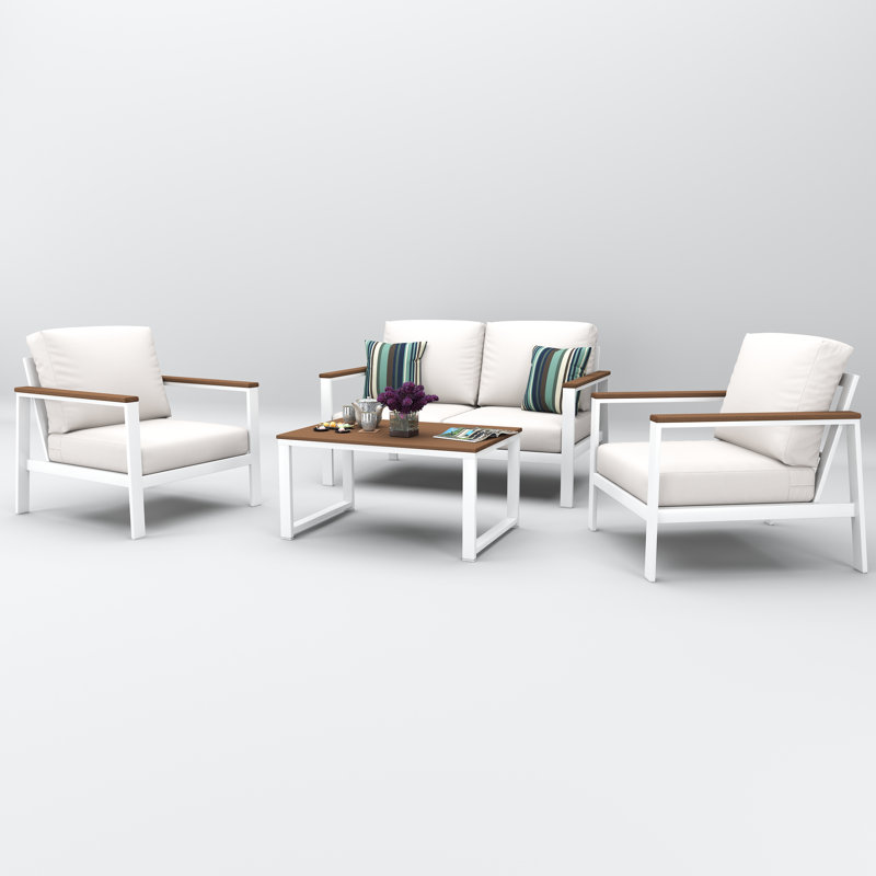 Townsend 4 Person Seating Group With Sunbrella Cushions, Brown, Canvas White