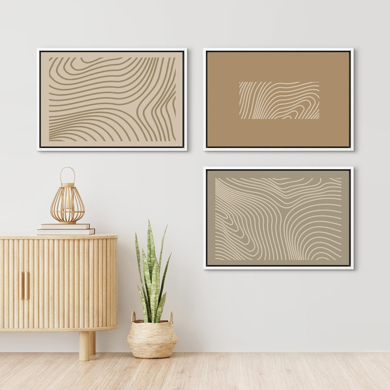 Motif de vagues géométriques abstraites à motif géométrique brun clair 3 pièces, Cadre blanc, H 24 po x l 36 po