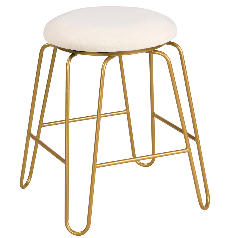 Tabouret de coiffeuse moderne en lin beige 18 po avec structure thermolaquée or, Or, Beige
