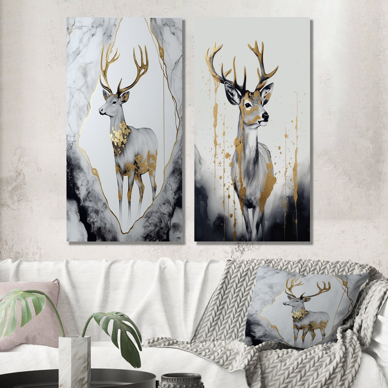 Minimalisme gris et doré cerf I - ensemble de 3 art mural en métal, H 28 po x l 24 po