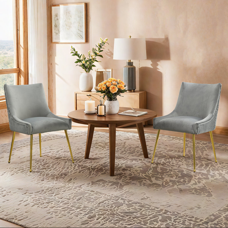 Velvet Upholstered Dining Chairs With Gold Pull Handle Modern Chairs With Gold Legs, Gray