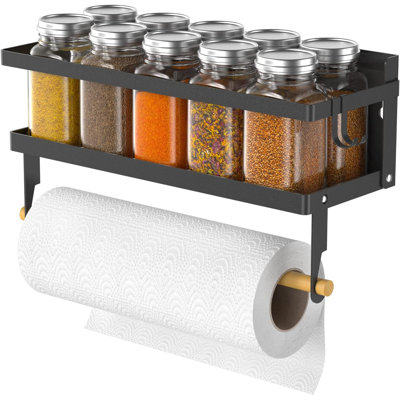Spice Rack Magnetic Shelf, Foldable Refrigerator Magnetic Spice Holder, Wall Mounted Seasoning Organizer Hanging Spice Storage Stand With Paper Towel Holder Roll & Hooks