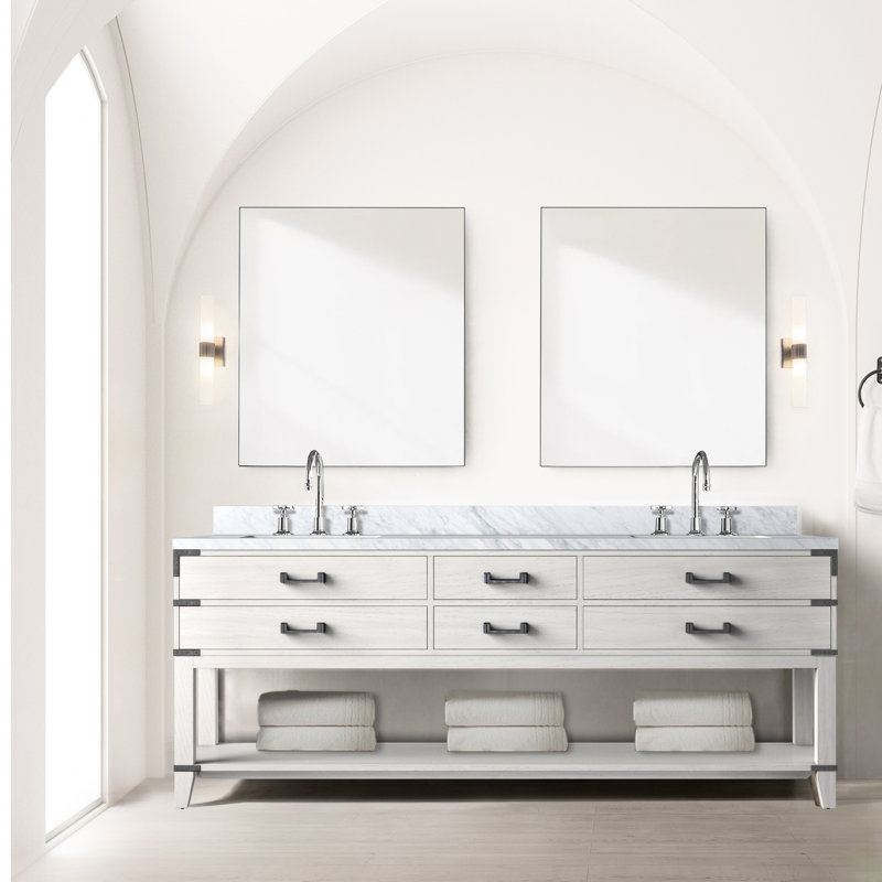Meuble-lavabo double en chêne blanc 84 po Largeur - fermeture en douceur, 4 tiroirs et armoire ouverte pour l'espace de rangement, armoire entièrement assemblée, bois massif 84 po X 22 4 Rangement abondant,