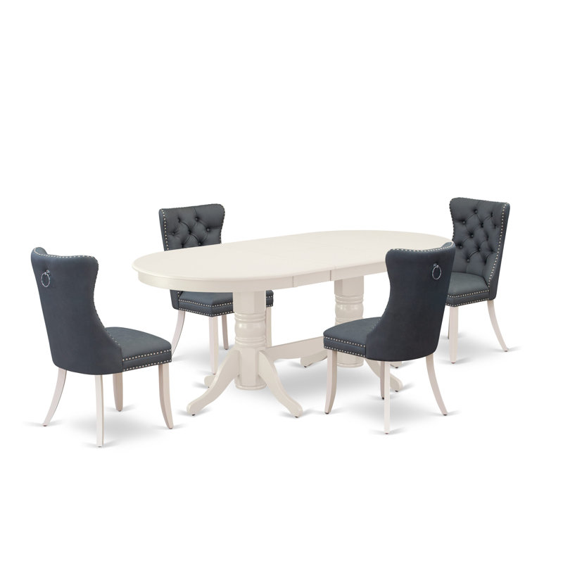 3979A33D74BB42649AE9A5DB5ED73A2C 5 Piece Dining Set - a Rectangle Dining Room Table with V-Legs and 4 Dark Gotham Linen Fabric Upholstered Chairs