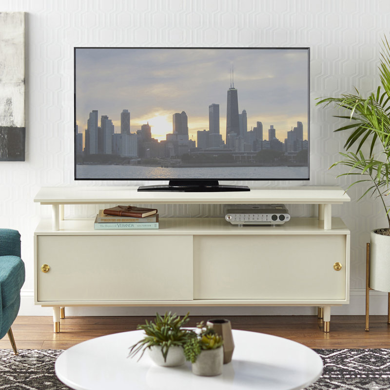 Meuble télé pour téléviseur de 70 po ou moins Camylle, Blanc antique / Or