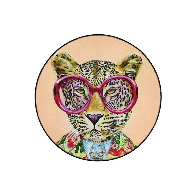Pink Spectacled Tiger Detailed Woven Base Modern Decorative Carpet, Round 2'8"