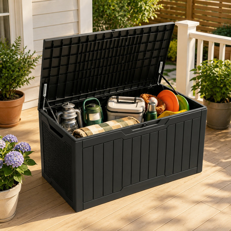 Boîte de rangement verrouillable en résine résistante à l'eau 100 gallons Quartey, Gris foncé