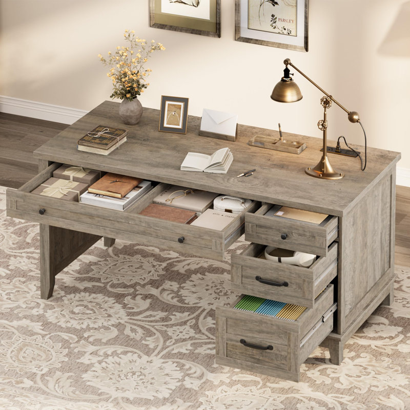 53.5" Farmhouse Executive Office Desk with Power Outlets and USB Ports, Wooden Writing Table with Storage Drawers and Adjustable File Cabinet-Gray
