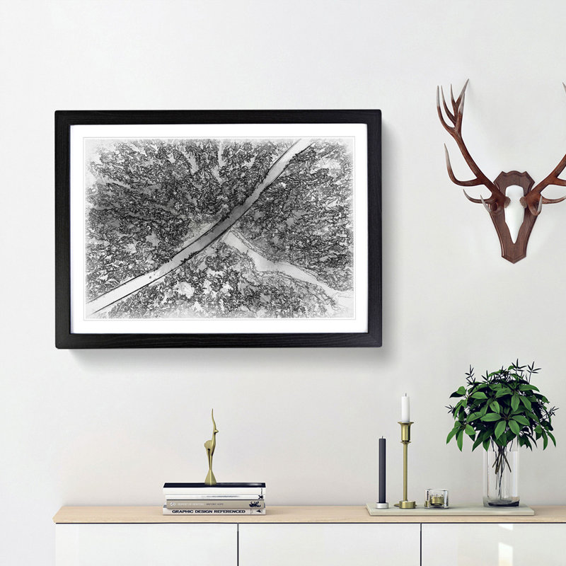 Road Through the Winter Forest Sketch - Picture Frame Graphic Art Print, Black Framed, 45cm H x 63cm W x 2cm D