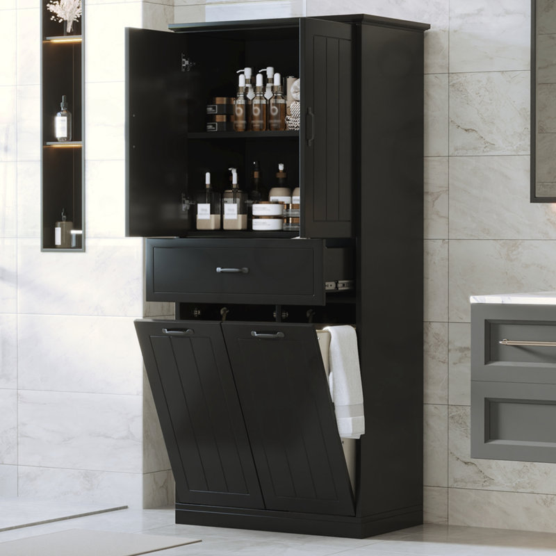 Armoire de rangement pour salle de bain avec 2 paniers à linge intégrés, Noir