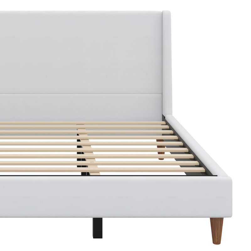 Lit plateforme moderne avec revêtement, conception à oreilles et pieds en bois, White