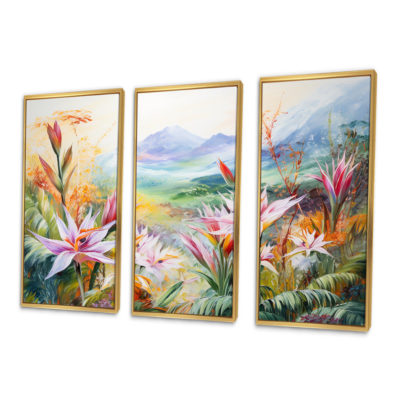 Birds Of Paradise Flowers Mountain I - Fleurs, art mural sur toile, Cadre flottant doré, H 40 po x l 60 po x P 1 po