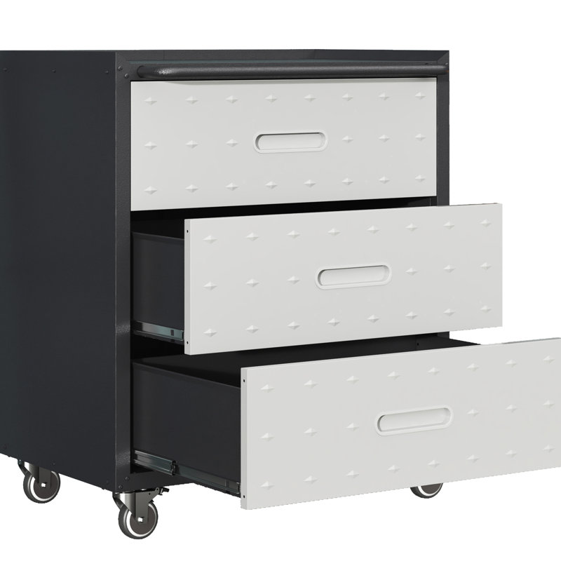 Metal 3 Drawer Storage Cabinet With Wheels - Heavy-Duty Organizer For Garage, Office, Home. Black And Gray. 30.33"W X 17.01"D 34.89"H. Construction. 360 Movable Wheels. Ample Compartments.