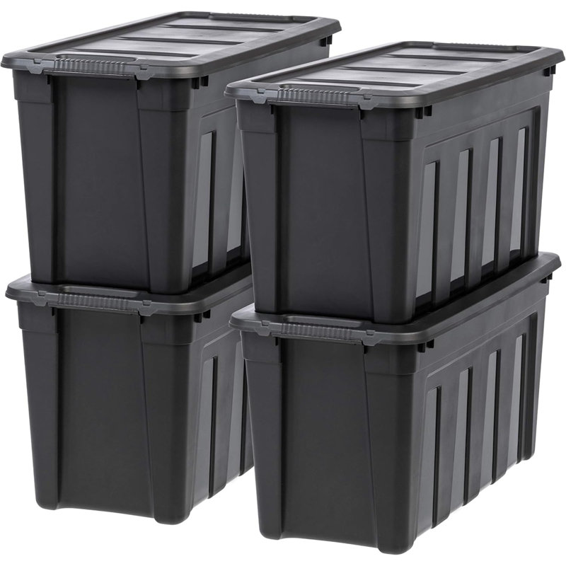 31 Gallon Heavy Duty Totes For Storage With Easy-Grip Handles, 4 Pack - , Storage Bins With Lids, Durable Stackable Utility Containers, Large Garage Organizing Tubs - Black