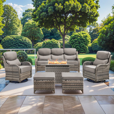 High Back Outdoor Furniture With 6-Inch Extra Thick Cushions, Patio Furniture Set With Fire Pit Table & Swivel Chairs, 6 PCS Wicker Conversation Set For Yard, Deck, Poolside