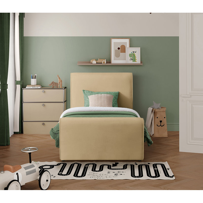 Lit plateforme tapissier Sloan Sadete, Velours brun clair, Lit simple