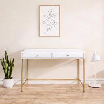 Bureau d'écriture classique à 2 tiroirs blanc et doré pour les bureaux à domicile élégants, design rectangulaire contemporain