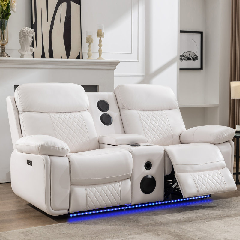 Heaney 76.7" Wide Faux Leather Power Loveseat with Speaker and LED, White Faux Leather