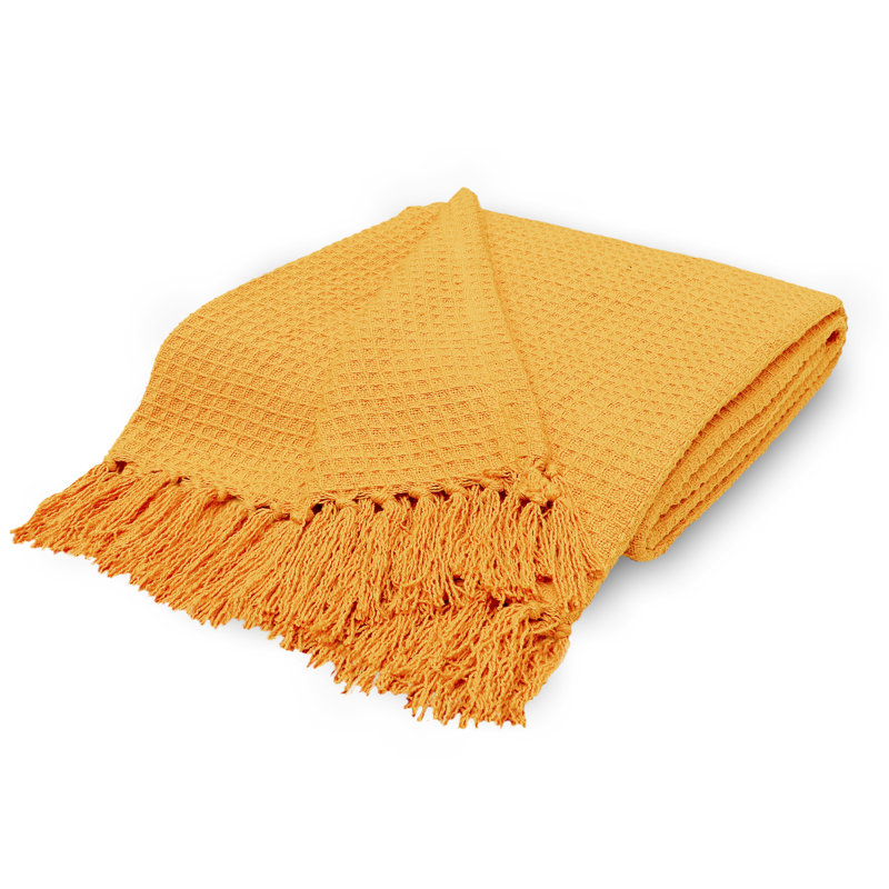 Jeté luxueux en coton tissé gaufré toutes saisons avec franges, Blanc