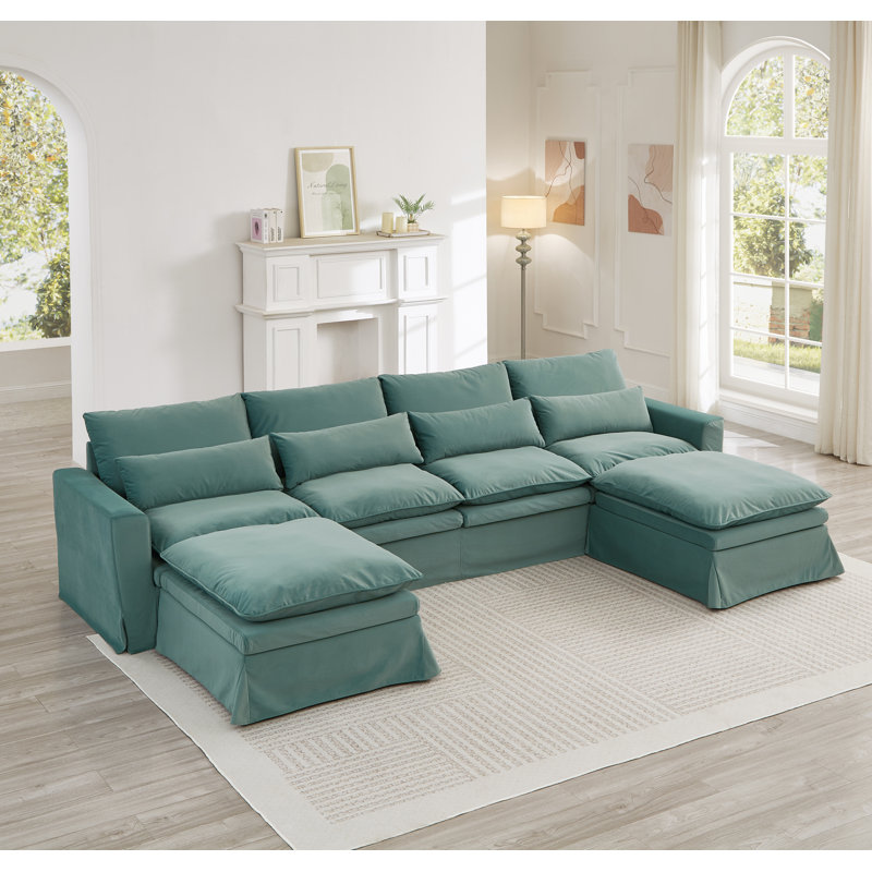 Benita Modular U-Shaped Sectional Sofa With Removable Covers, Green Velvet