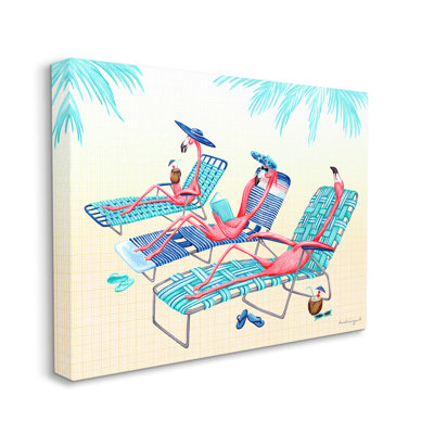 Art mural sur toile surdimensionné avec flamants roses et chaises de plage