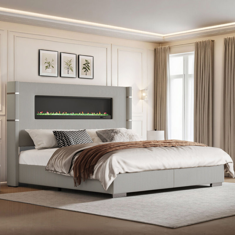 Lit moderne H 60,4 po avec tête de lit et foyer en velours côtelé, Très grand californien, Grège