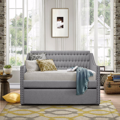 Upholstered Daybed, Modern Design Gray Fabric 1Pc Sofa Bed W Trundle Button-Tufted Detail Nailhead Trim Daybed Wooden Furniture