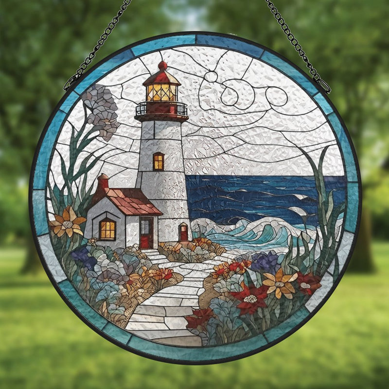 Vitrail de vitrail phare ondulé fleurs vitrail pour fenêtre, 11,8 x 11,8 po (30 x 30 cm)