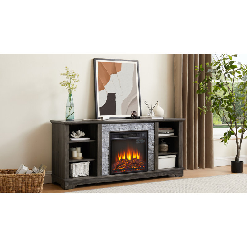 Meuble télé avec foyer électrique en pierre Mantel, Gris