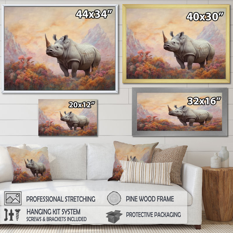 Wild Rhinoceros I sur impression sur toile, Cadre flottant doré, H 34 po x l 44 po x P 1,5 po