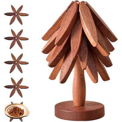 Wooden Trivets For Hot Dishes, Tree Shape Trivet Set, For Hot Dishes, Pot, Bowl, Teapot, 5 Wooden Trivets+1 Stand, Like A Christmas Tree, Natural Foldable Kitchen Wooden Trivet (Walnut Wood)