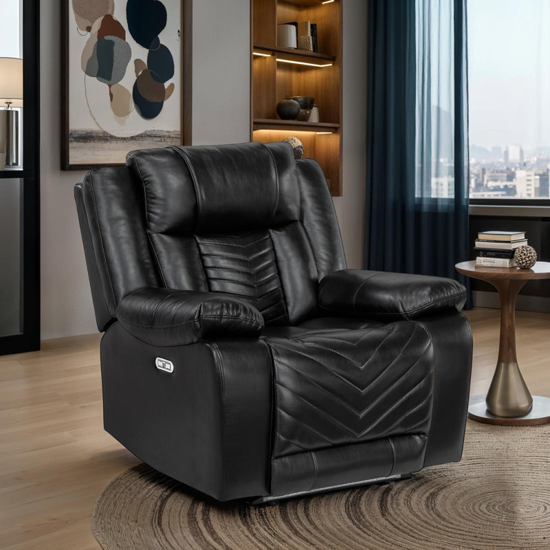 Marlow 40" Modern & Contemporary Premium Faux Leather Power Reclining Chair with V-Pattern Stitching, One-Touch Power Control & USB Charging & LED Lighting