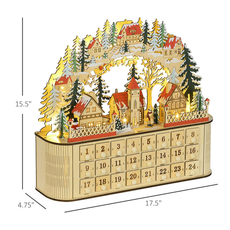 Table de Noël en bois avec décoration de Noël et calendrier des fêtes avec 24 tiroirs à rebours et lumières DEL