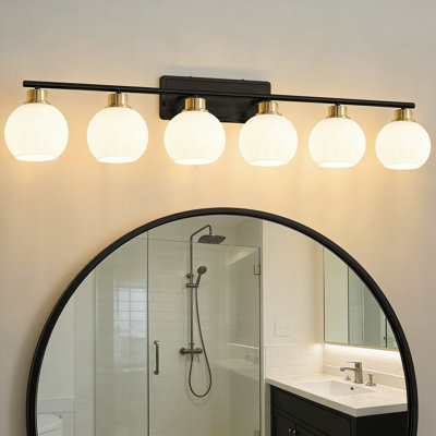 Éclairage pour meuble-lavabo de salle de bain 6 lumières noir et doré - abat-jour globe opale, indice de saleté humide, Cri 90+, base E26, double intensité réglable pour meuble-lavabo de salle de bain et de maquillage