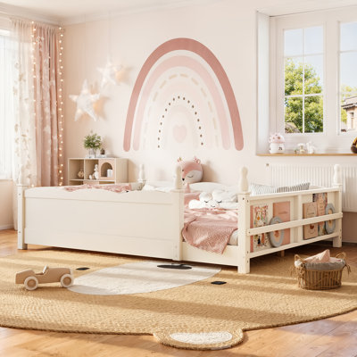 Grand lit au sol Montessori avec garde-corps pleine longueur, bibliothèque, base de lit pour enfant beige