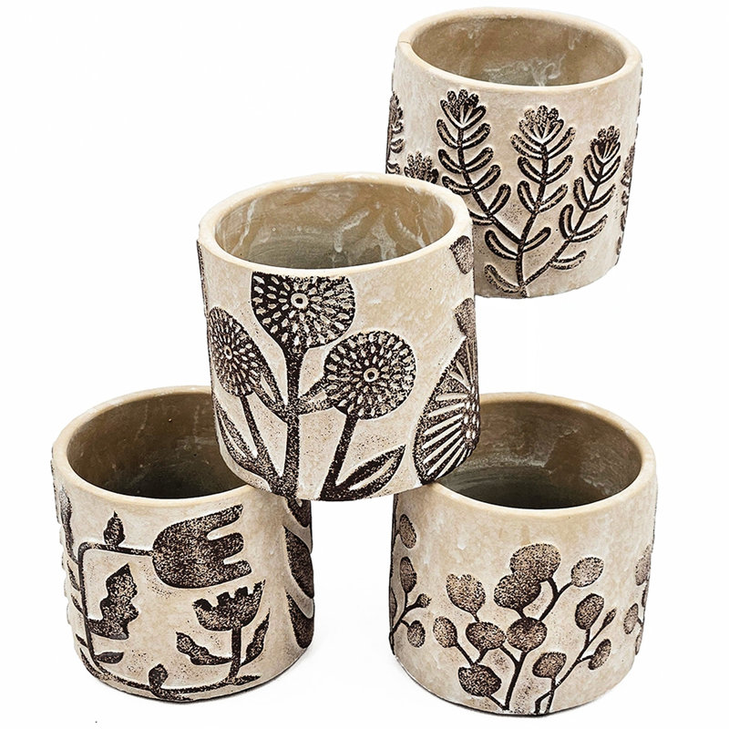 Of 4, Gray Sand - Cement Planters, Brown Botanical Designs, Scandinavian Room Decor 4 And Symbols, Interior